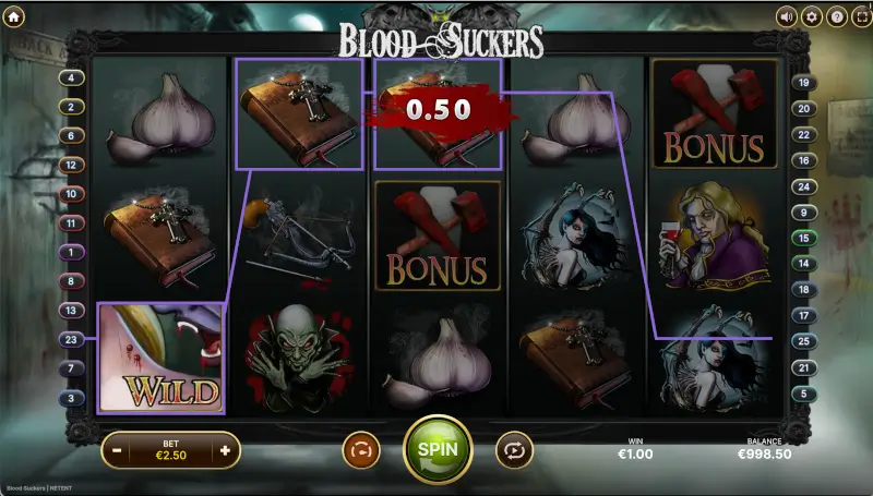 Blood Suckers win line highlighted with Wild symbol and 0.50 payout on the reels