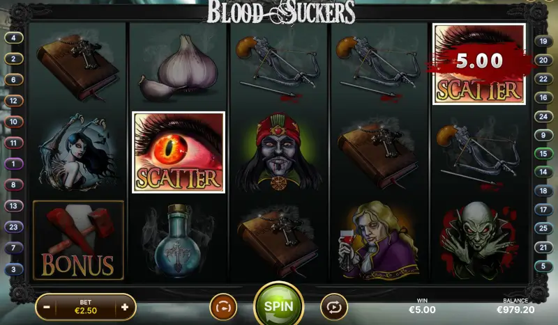 Blood Suckers reels with Scatter symbols and a 5.00 scatter win indicator