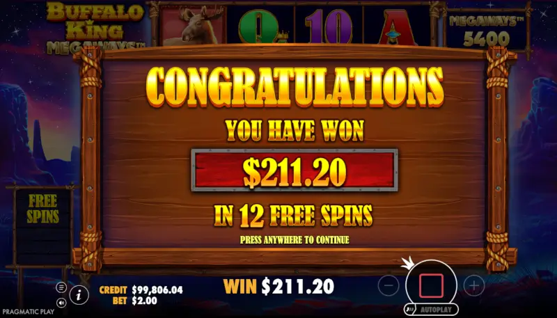Buffalo King Megaways big win display during Free Spins