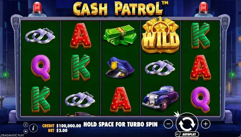 Cash Patrol rules screen showing volatility, paylines, bet limits, and theoretical RTP 96.5%