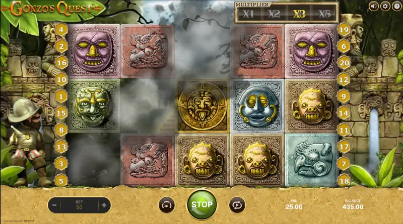 Multiplier bar above the reels during Avalanche chain in Gonzo's Quest