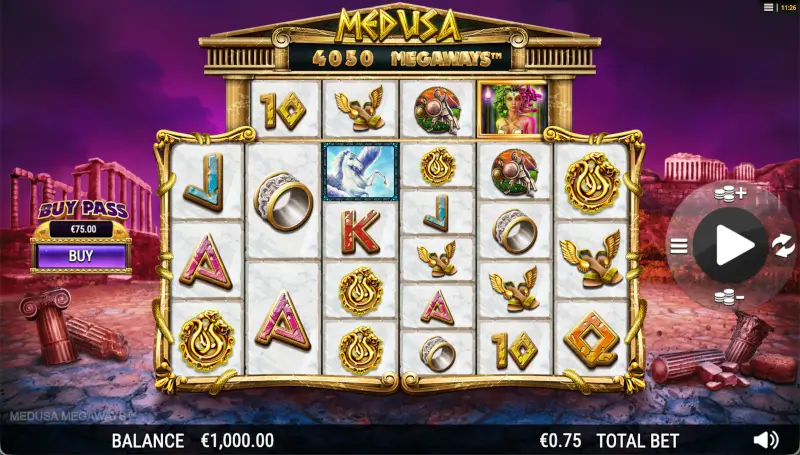 Medusa Megaways base game reels with 4050 Megaways and a Buy Pass option on the left