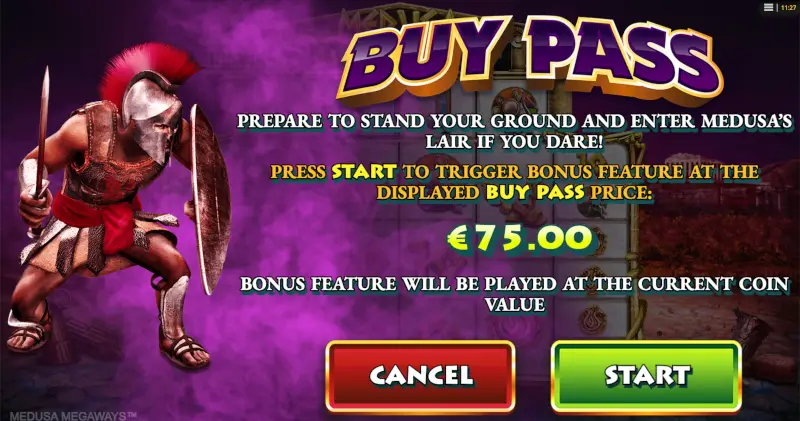 Medusa Megaways Buy Pass confirmation screen offering to start the bonus feature for €75.00
