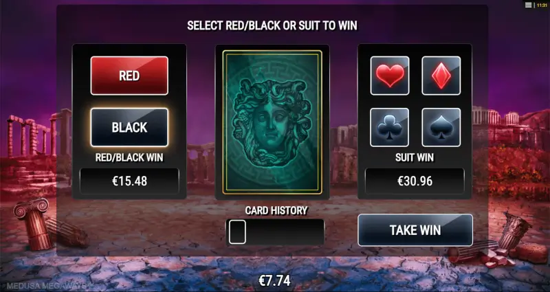 Medusa Megaways gamble screen with card back and choices for red or black or card suit to increase the win