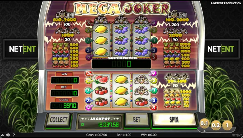 Mega Joker slot interface showing 3x3 reels, 5 fixed paylines, coin value selector, and jackpot panel