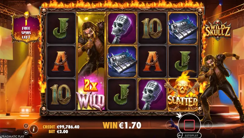 Wild Skullz free spins gameplay with a 2x Wild on the reels and a flaming skull Scatter symbol highlighted