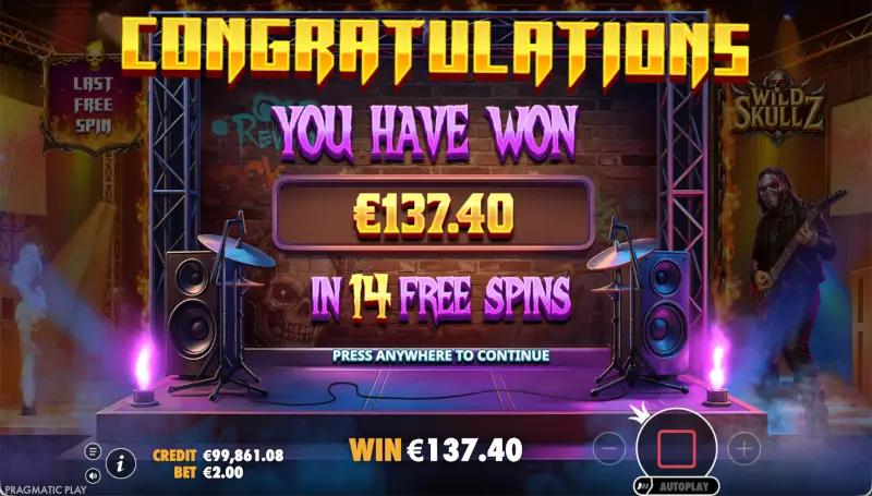 Wild Skullz bonus results screen showing total winnings of €137.40 in 14 free spins
