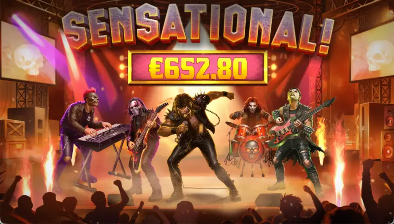 Wild Skullz big win screen showing Sensational €652.80 with the rock band performing on stage