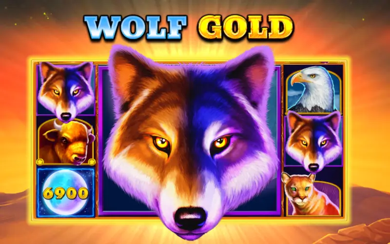 Wolf Gold key art featuring the wolf symbol and stacked reel illustration