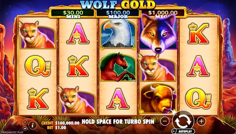 Wolf Gold main game screen showing the jackpot bar (Mini $30, Major $100, Mega $1,000) and 5x3 reel layout